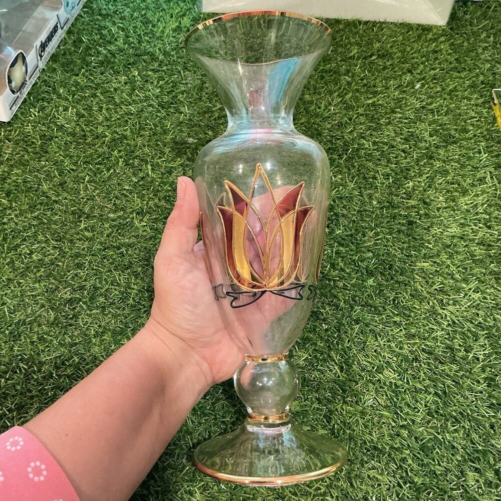 Clear Glass Pedestal Vase Gold Trim Burgundy Tulip Floral Design 11” Rim Chip